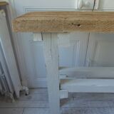 Vintage workbench with pearl gray patinated base and wooden top