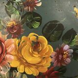 Painted metal tray decorated with flowers on a green background