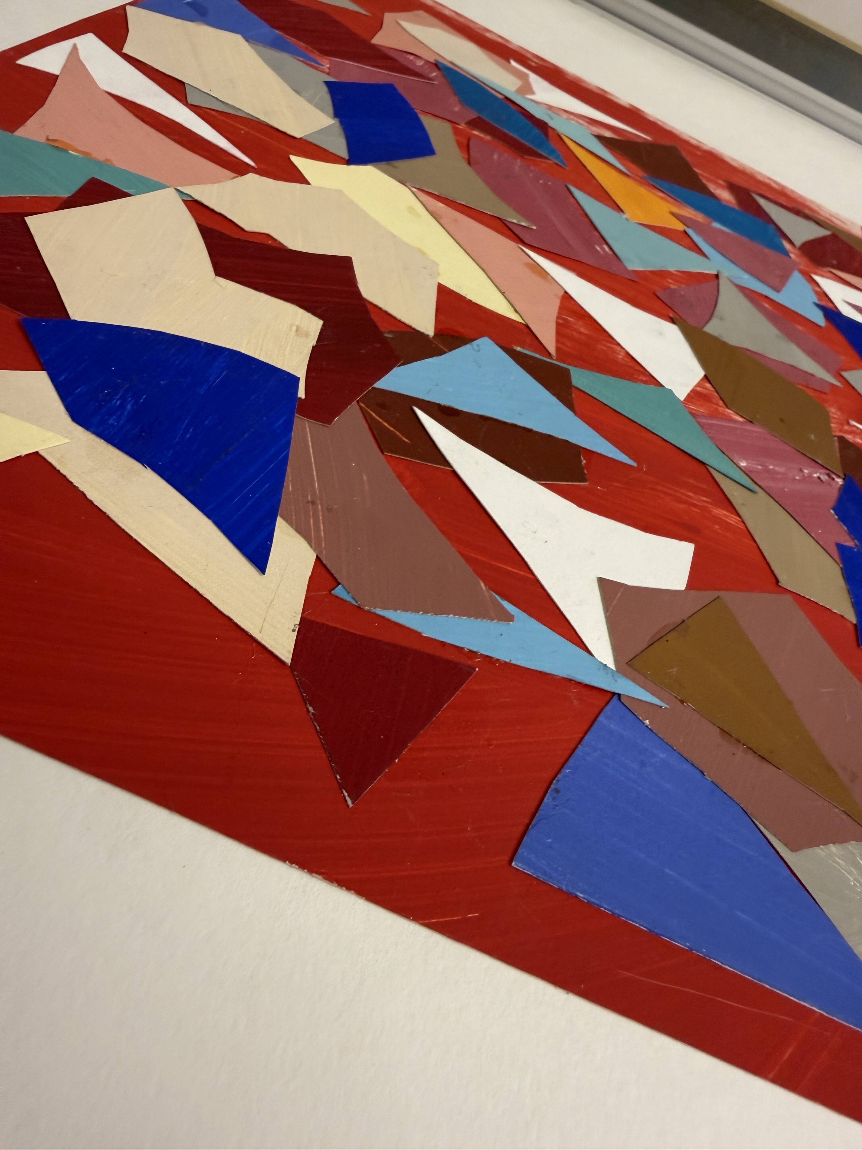 Helmut Dittmann – Geometric Abstract Collage, Vivid Multicolour on Red 1987