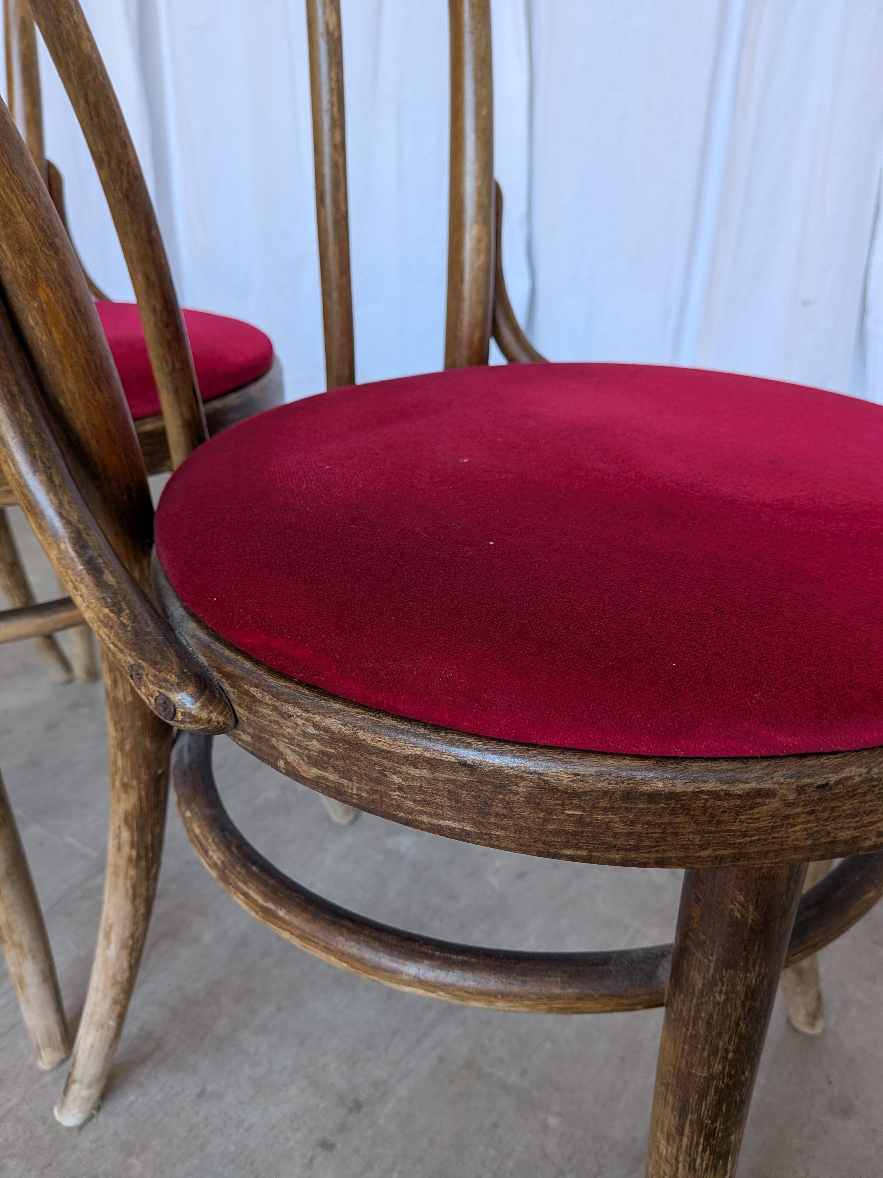 Set of 4 Vintage Bentwood Bistro Chairs, Red Upholstery