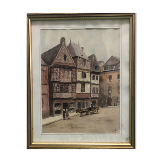 Tableau peinture Bretonne, aquarelle Lannion, Signé Kehr