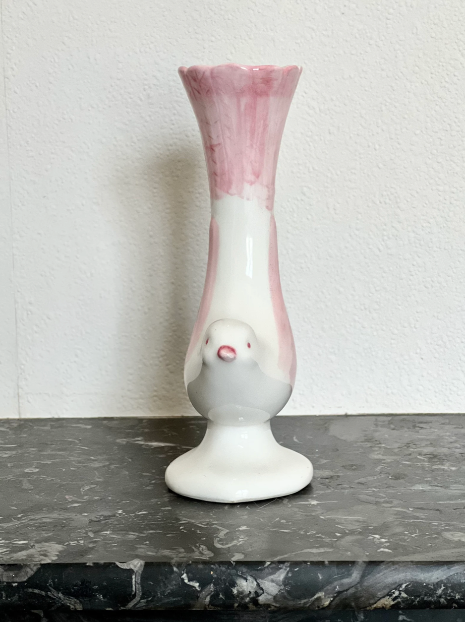 Vintage cone vase in the shape of a pink and white bird