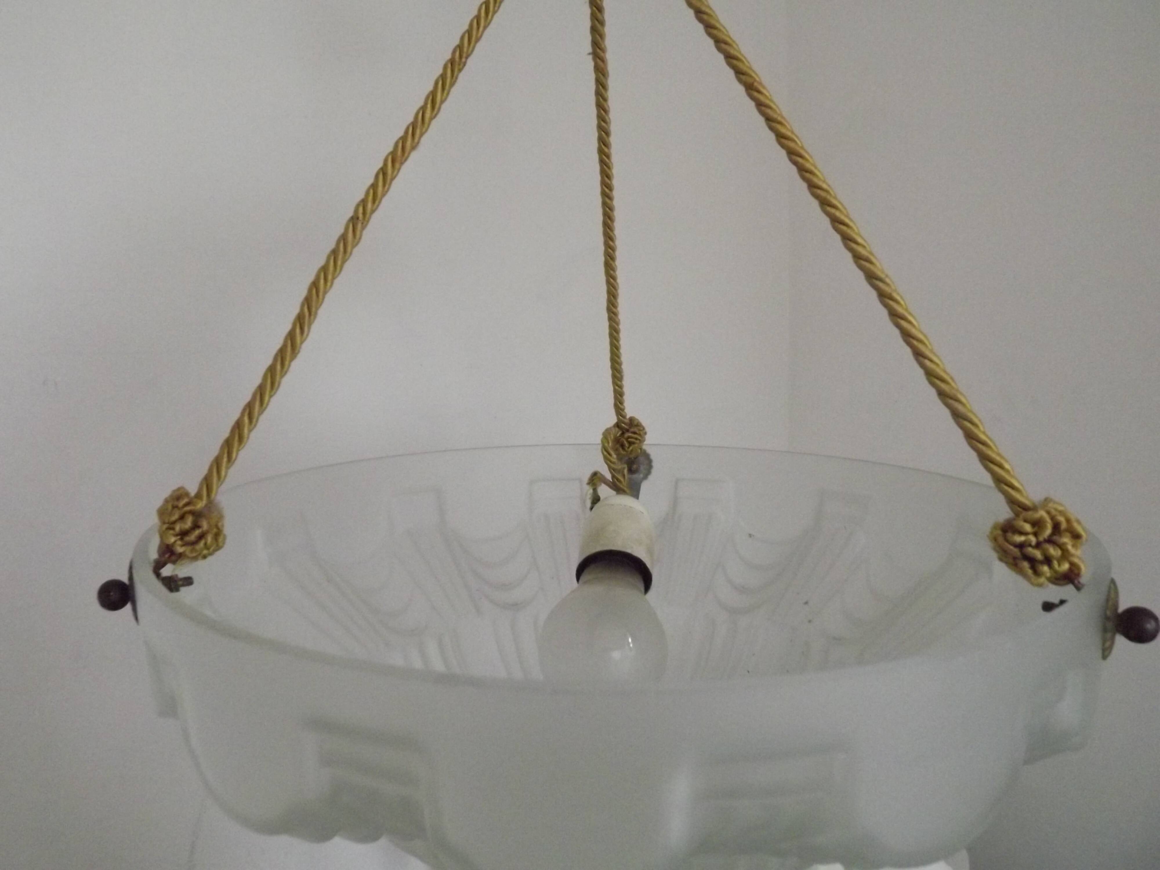 Vintage French 1930s Art Deco Gometric White Glass Ceiling Light