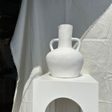 Handcrafted terracotta vase painted white with double handles h:40 d:30
