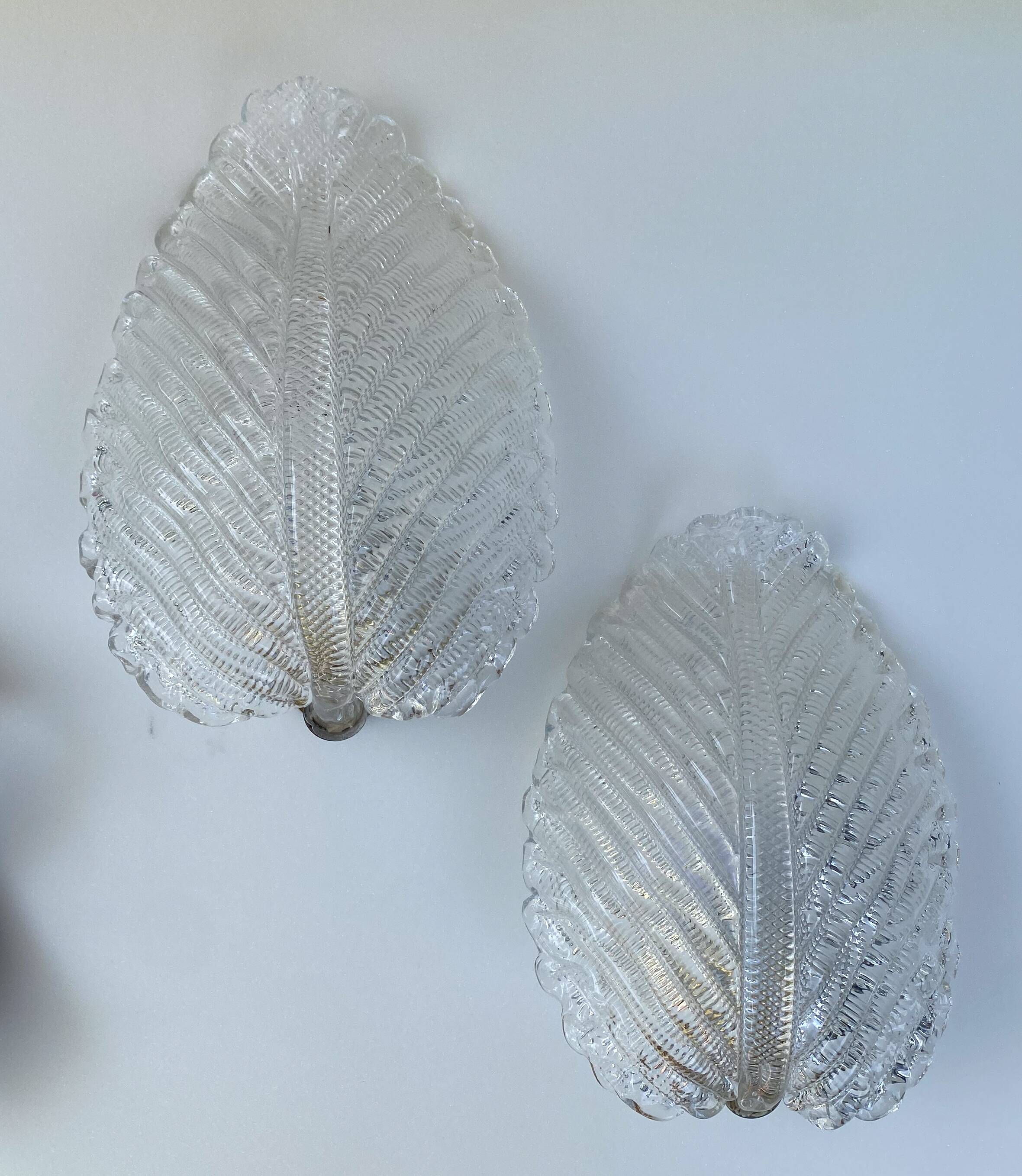 Set of 2 Wall light Trasparent Murano Glass Leave by Barovier e Toso, 1940s