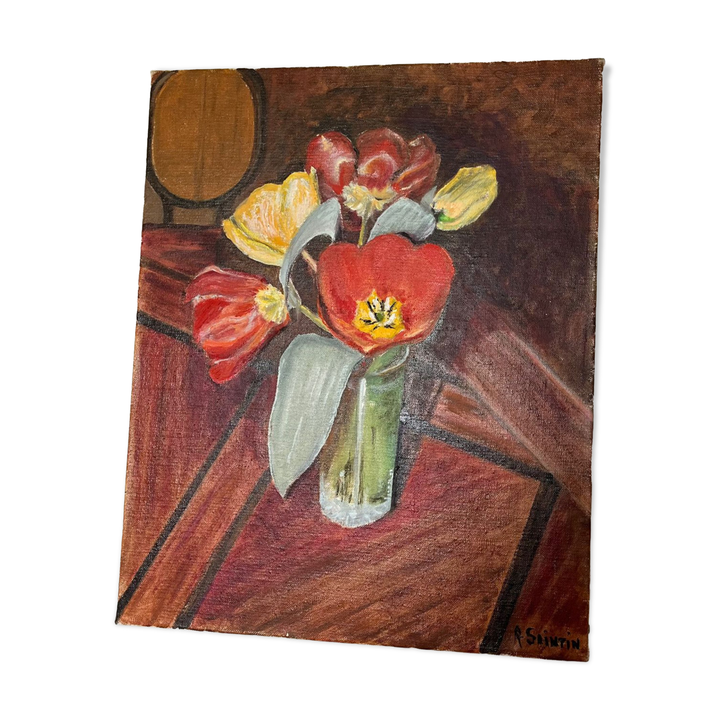 Still life canvas painting tulips on table signed r saintin