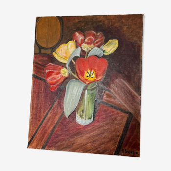 Painting on canvas Still Life Tulips on Table signed R Saintin