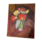 Tableau sur toile nature morte tulipes sur table signé r saintin