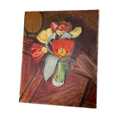 Tableau sur toile nature morte tulipes sur table signé r saintin