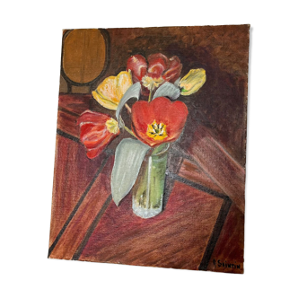 Painting on canvas Still Life Tulips on Table signed R Saintin