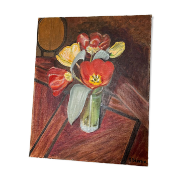Still life canvas painting tulips on table signed r saintin