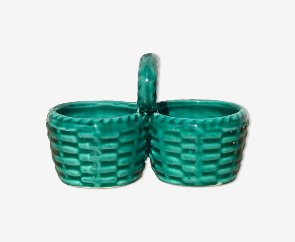 Salière poivrière en barbotine verte, céramique vintage