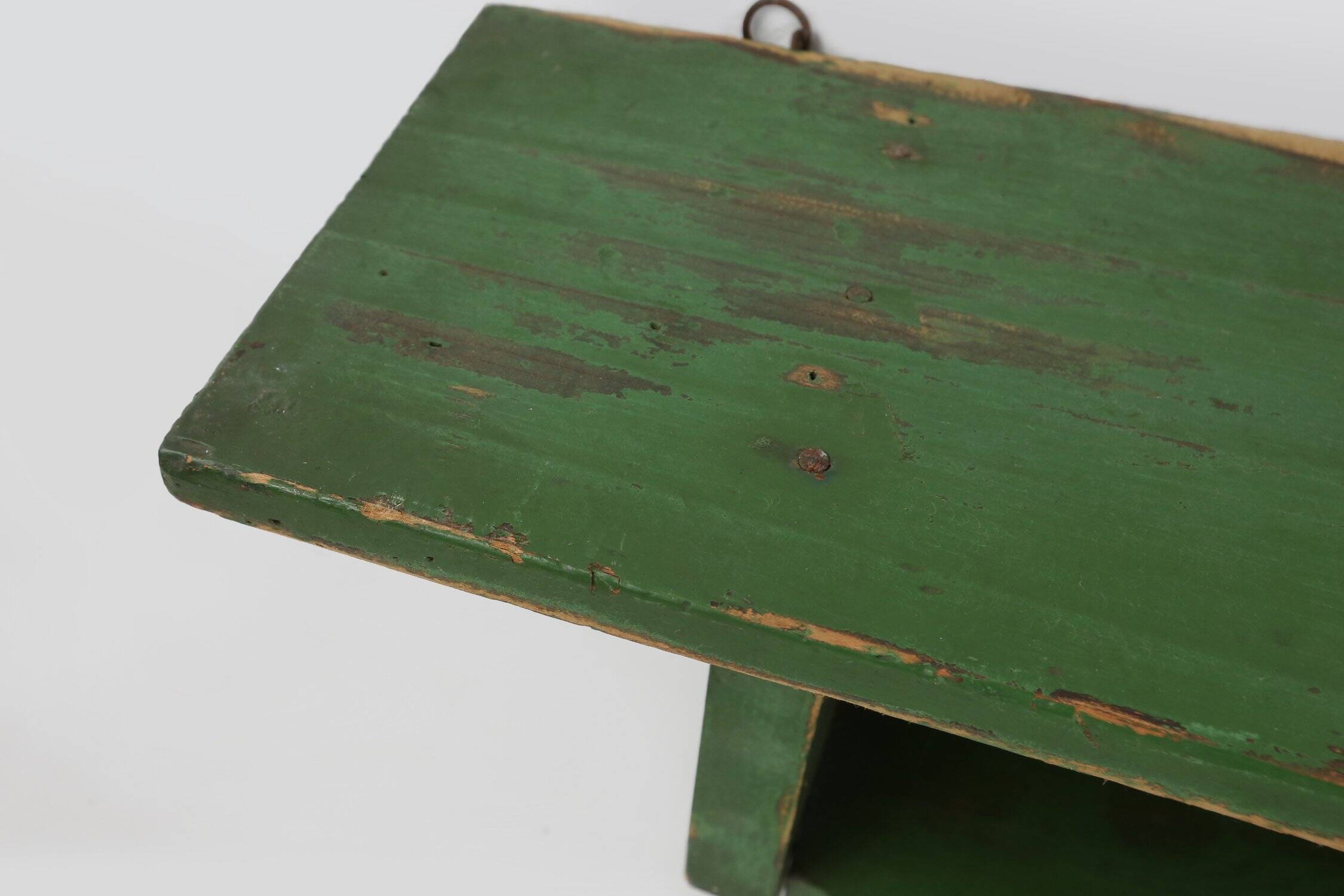 Small Rustic Green Wooden Wall Unit with 2 Shelves, France, 1880s