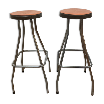 Pair of bar stools metal chrome soudexvinyl circa 1970 design