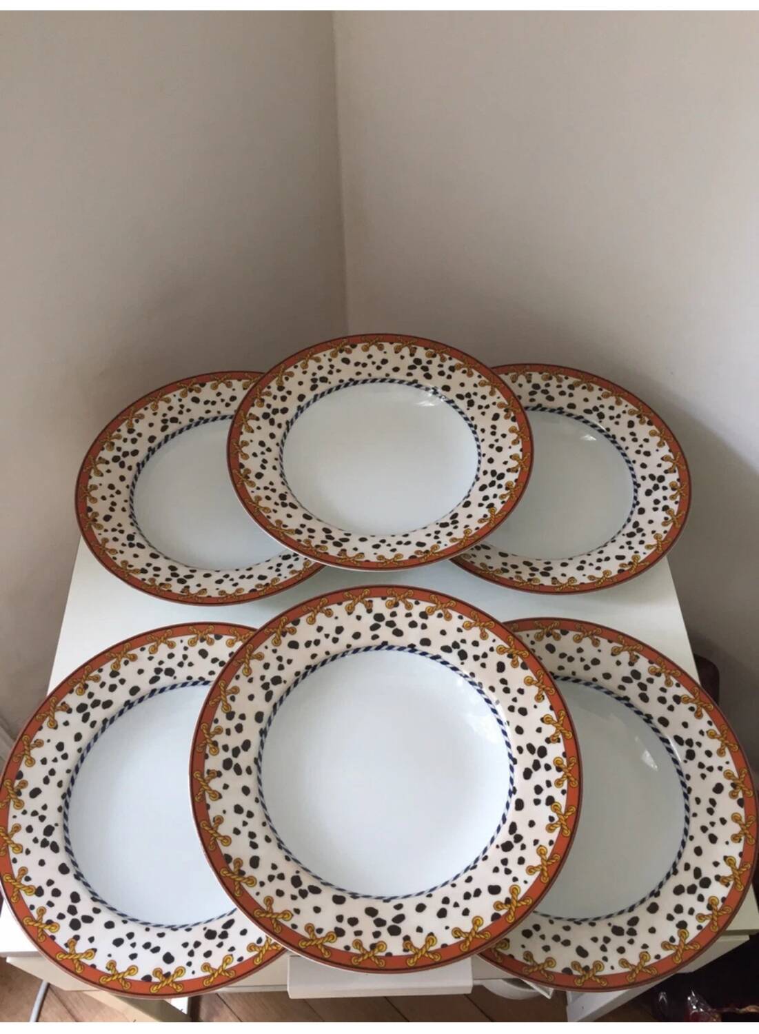 Carven Paris soup plates, Yves Deshoulières porcelain, 1990