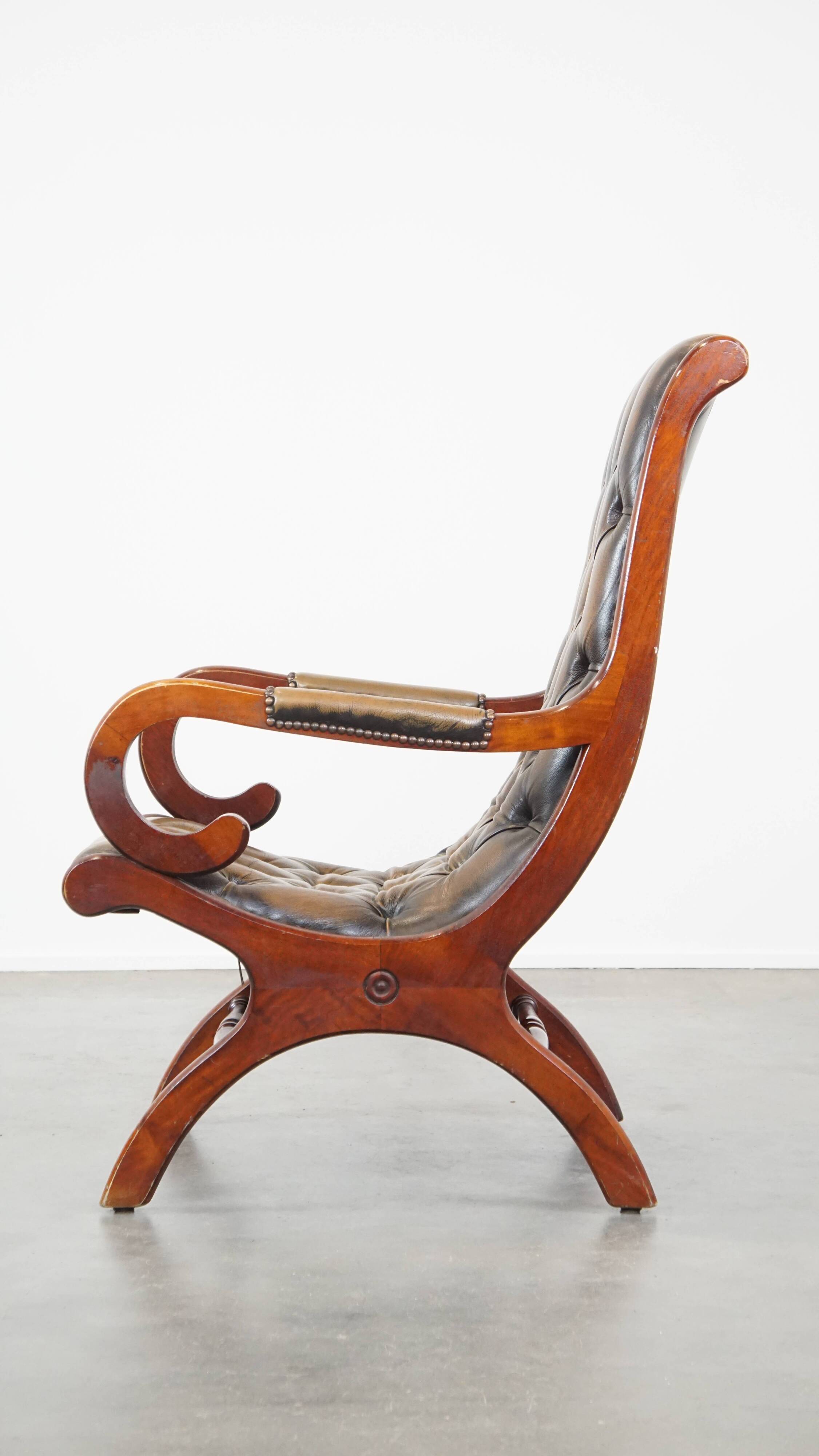 Green Vintage English Chesterfield Armchair with Wood Accents