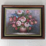 Peinture à l’huile vintage encadrée de fleurs par T. Hansen