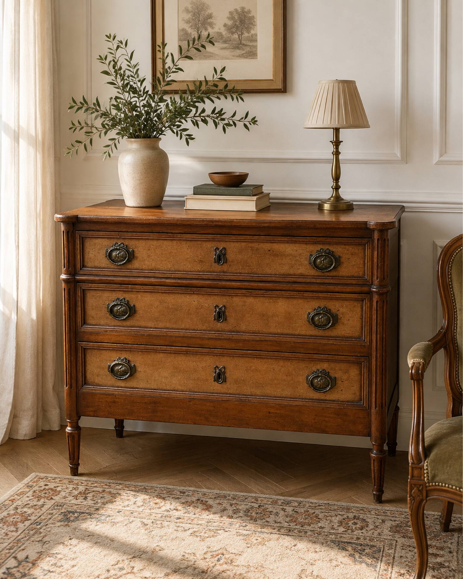 Light walnut commode in Louis XVI style with fluted motifs and three drawers.