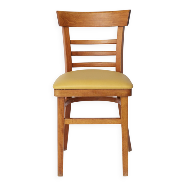 Chaise vintage en hêtre avec assise en similicuir jaune – Allemagne des années 1960-1970