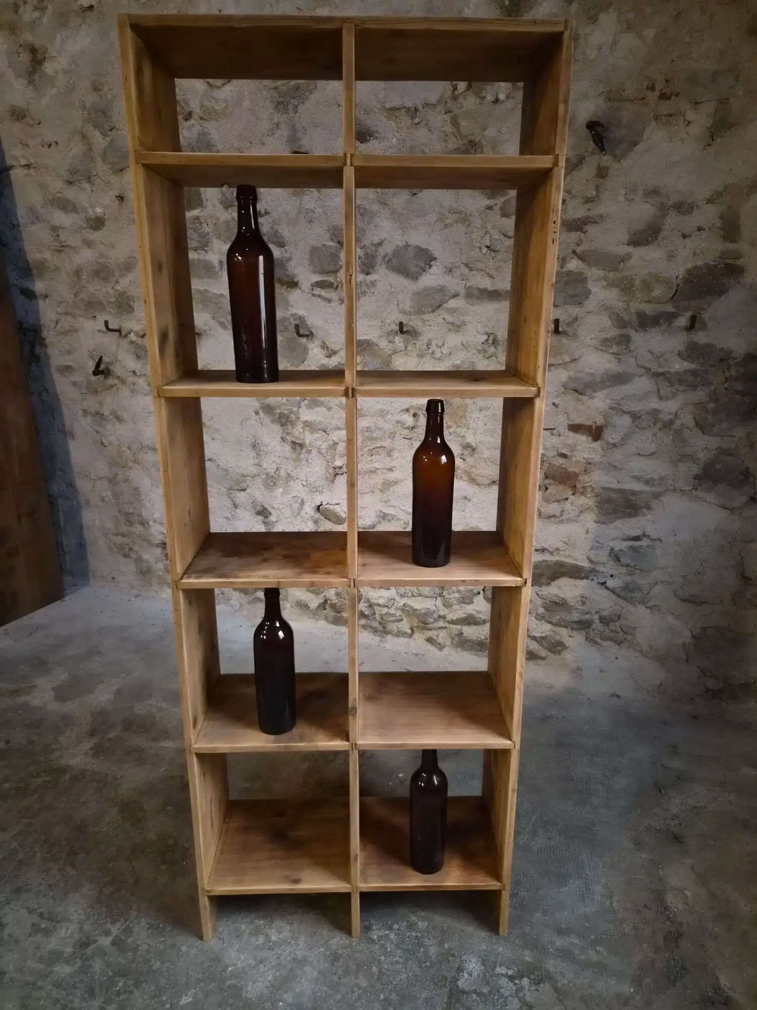 Vintage pine shelf with compartments, room divider, 1950s.