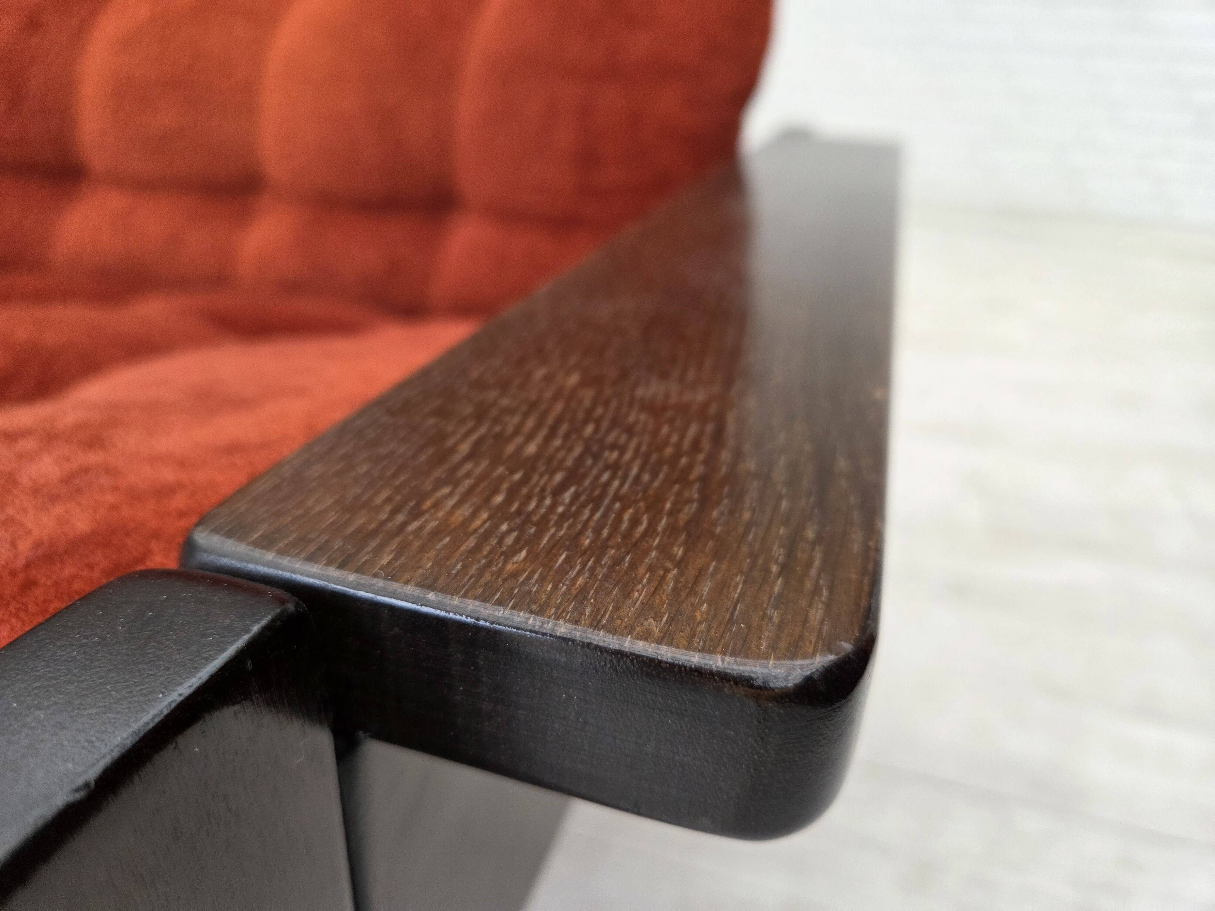 1970s, Danish armchair, orange/red furniture velour, dark oak wood.