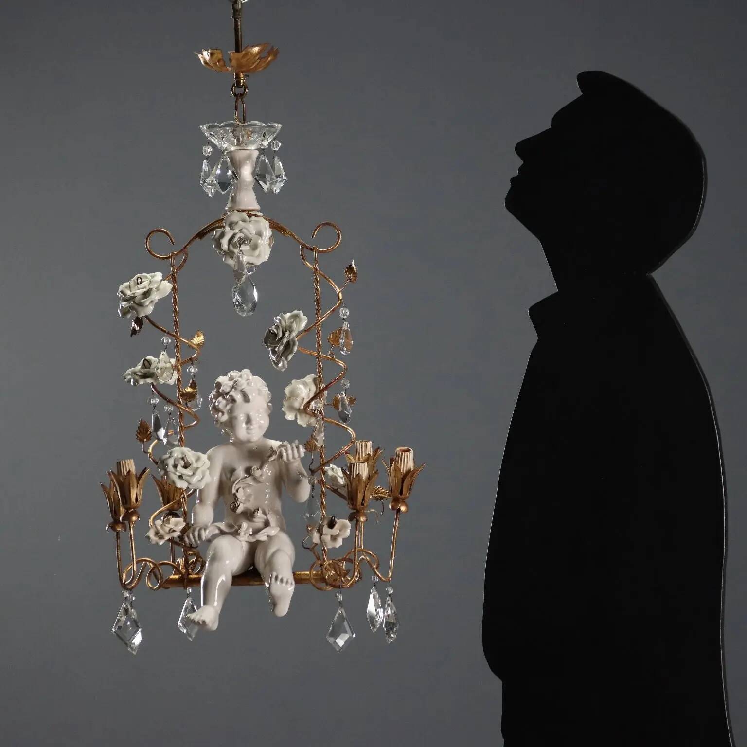 Antique chandelier in iron, gilded sheet metal and ceramic, Italy, 20th century