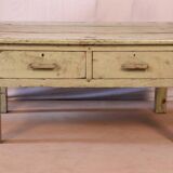 Ancienne table de chevet en teck birman patine écrue verte d'origine