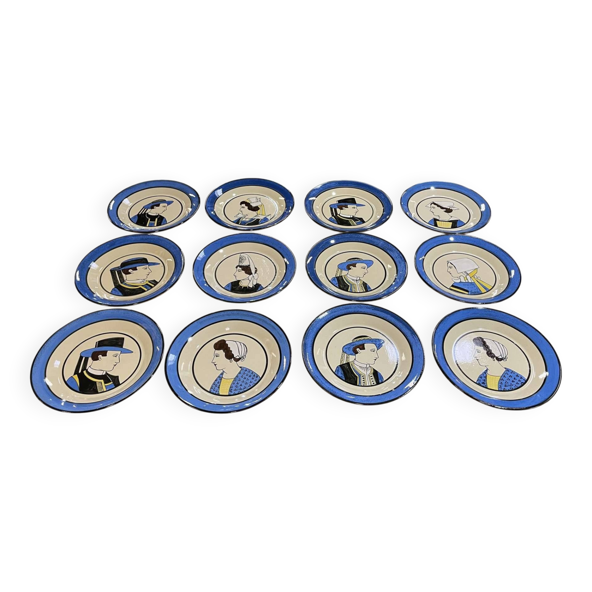 Set of 12 earthenware plates from Quimper from the 1930s - 12 portraits