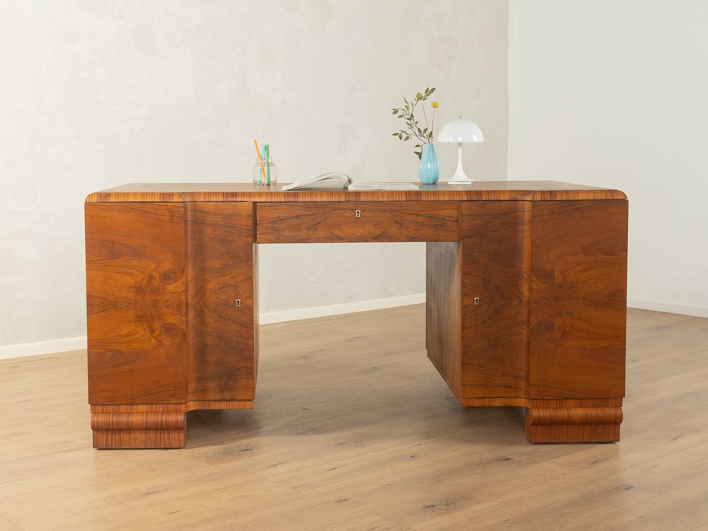 Double pedestal desk, Art Deco, 1930s, walnut veneer