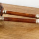 Pair of Indian candle holders, wood and silver metal
