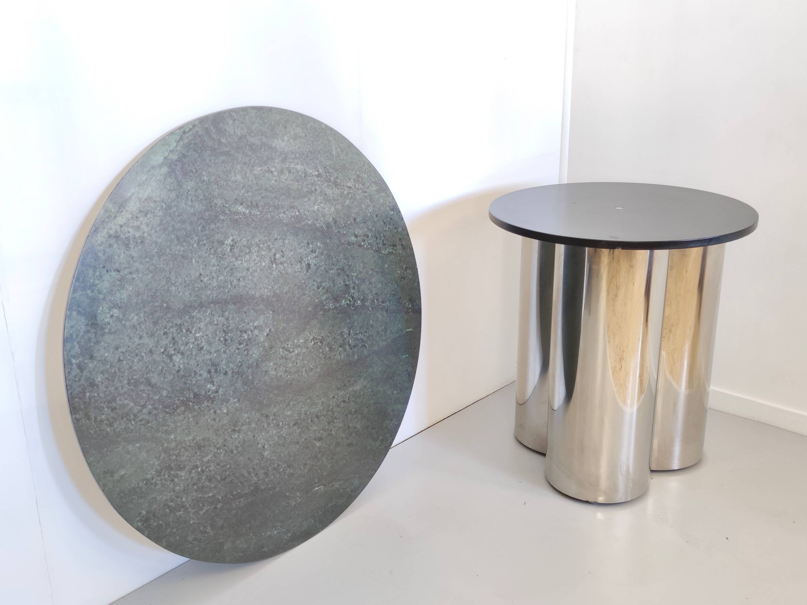 Postmodern Steel Dining Table with a Round Green Marble Top, Italy