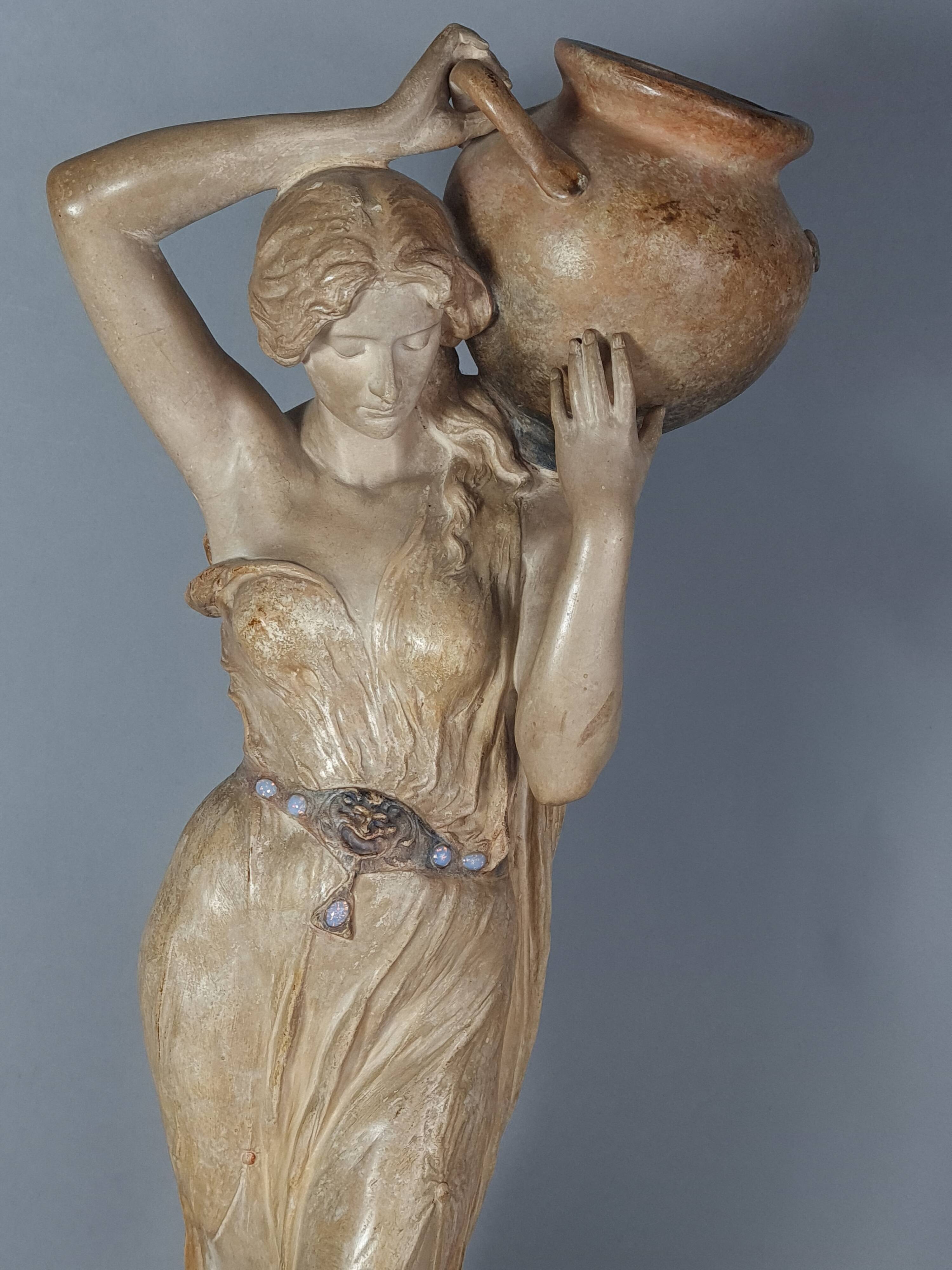 Ceramic sculpture Woman and opal belt jug Goldscheider circa 1900, 60 cm C155