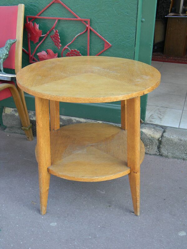 Table basse ronde pieds compas années 60 en bois
