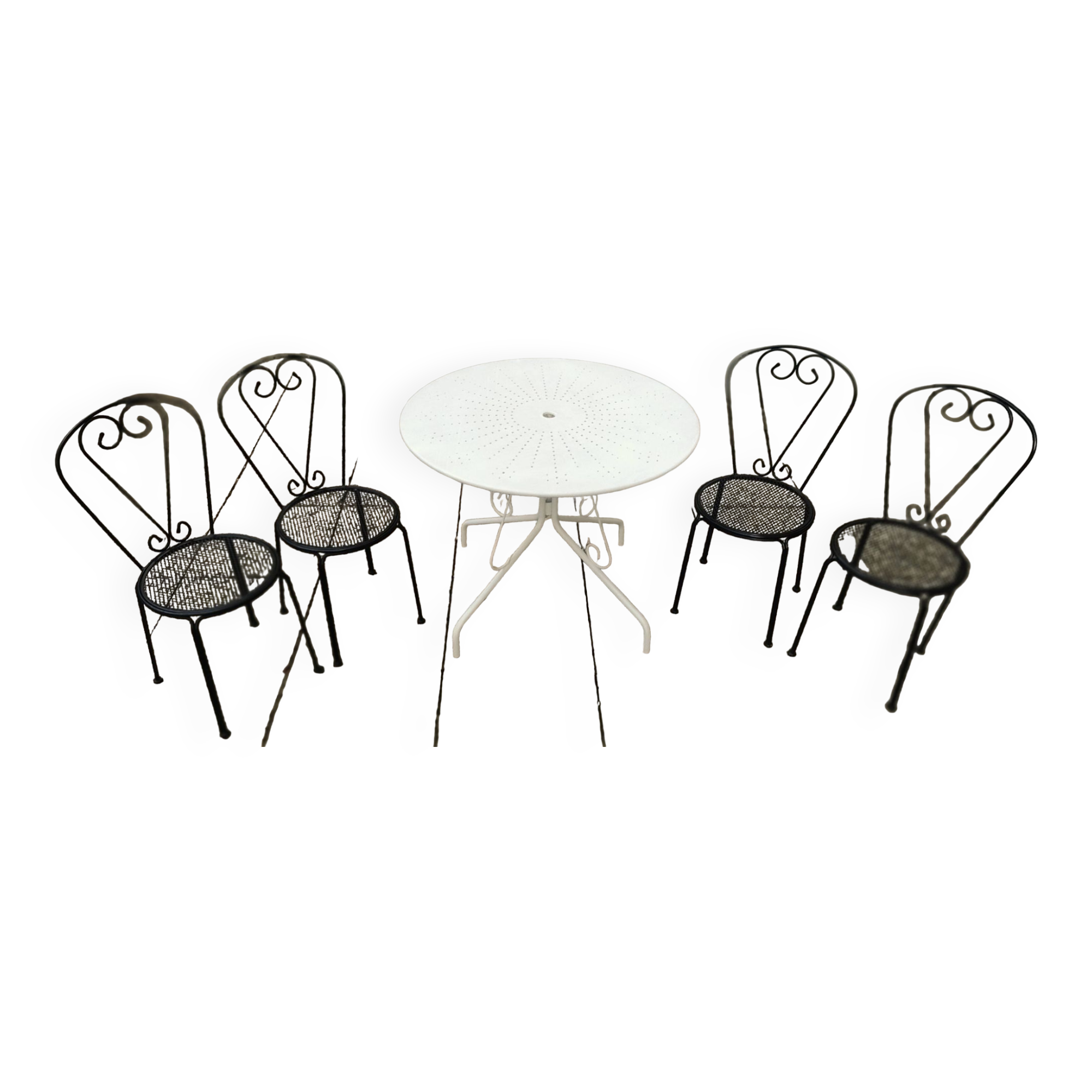Salon de jardin, Table ronde blanche en fer forgé. et 4 chaises en acier lourd, noire d’origine