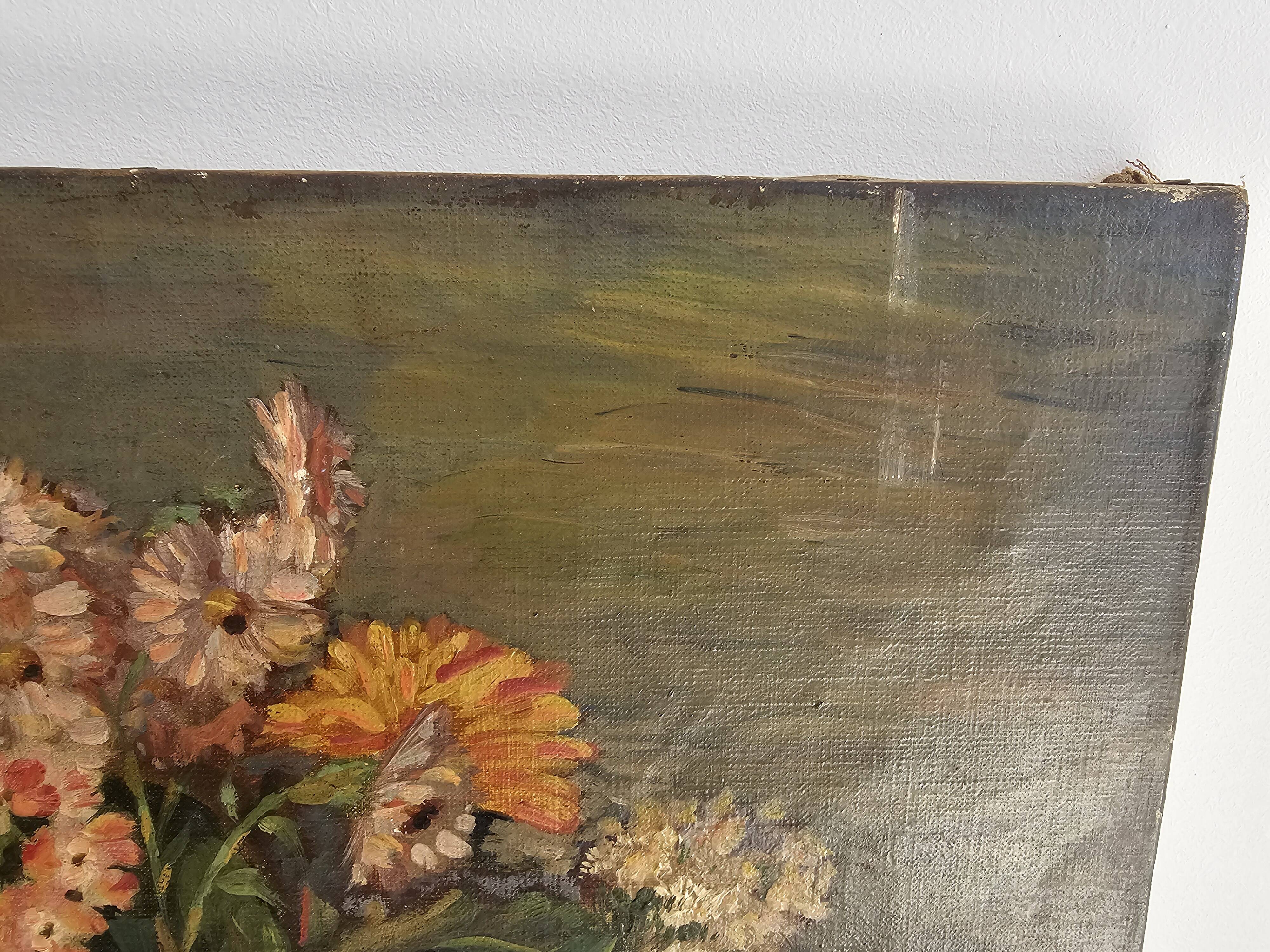 Old Oil on Canvas Painting - Still Life Spring Flower Bouquet