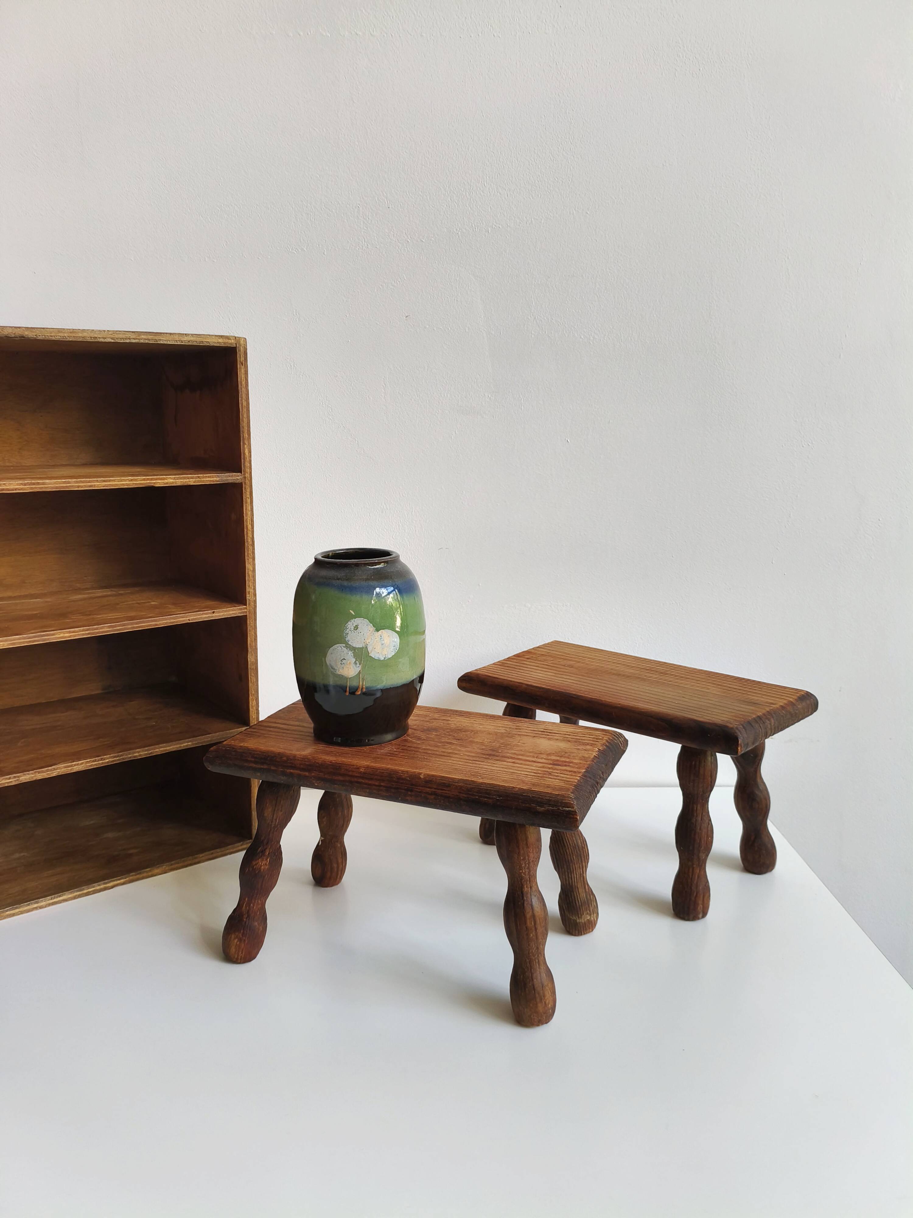 Pair of stools, footrests in solid turned wood