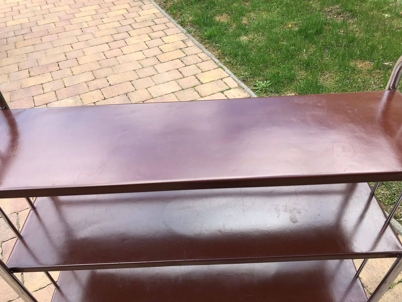 Brown metal Bauhaus industrial bookshelf, 4 shelves, 1920s Czech Republic