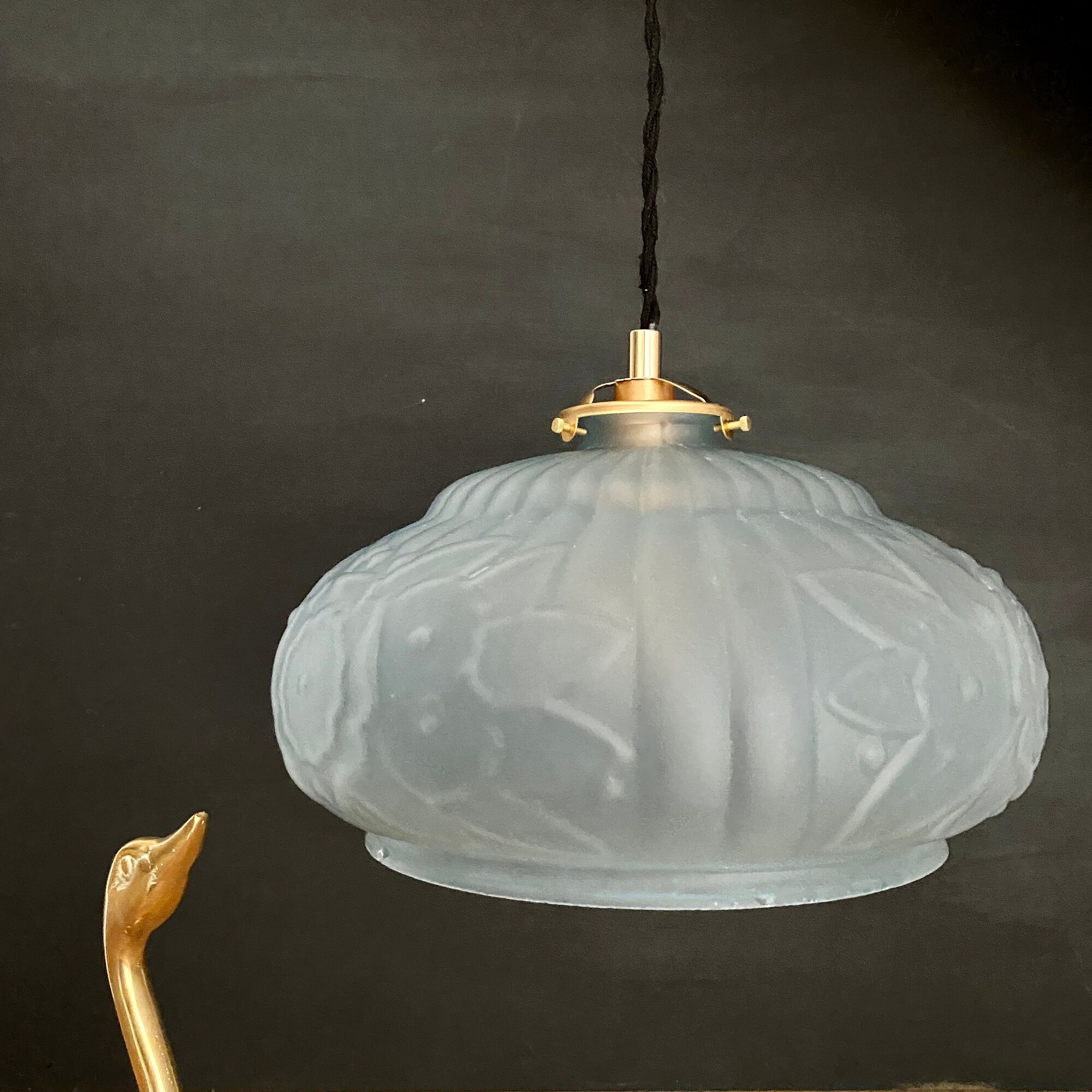 Vintage art deco lampshade pendant lamp in blue frosted glass