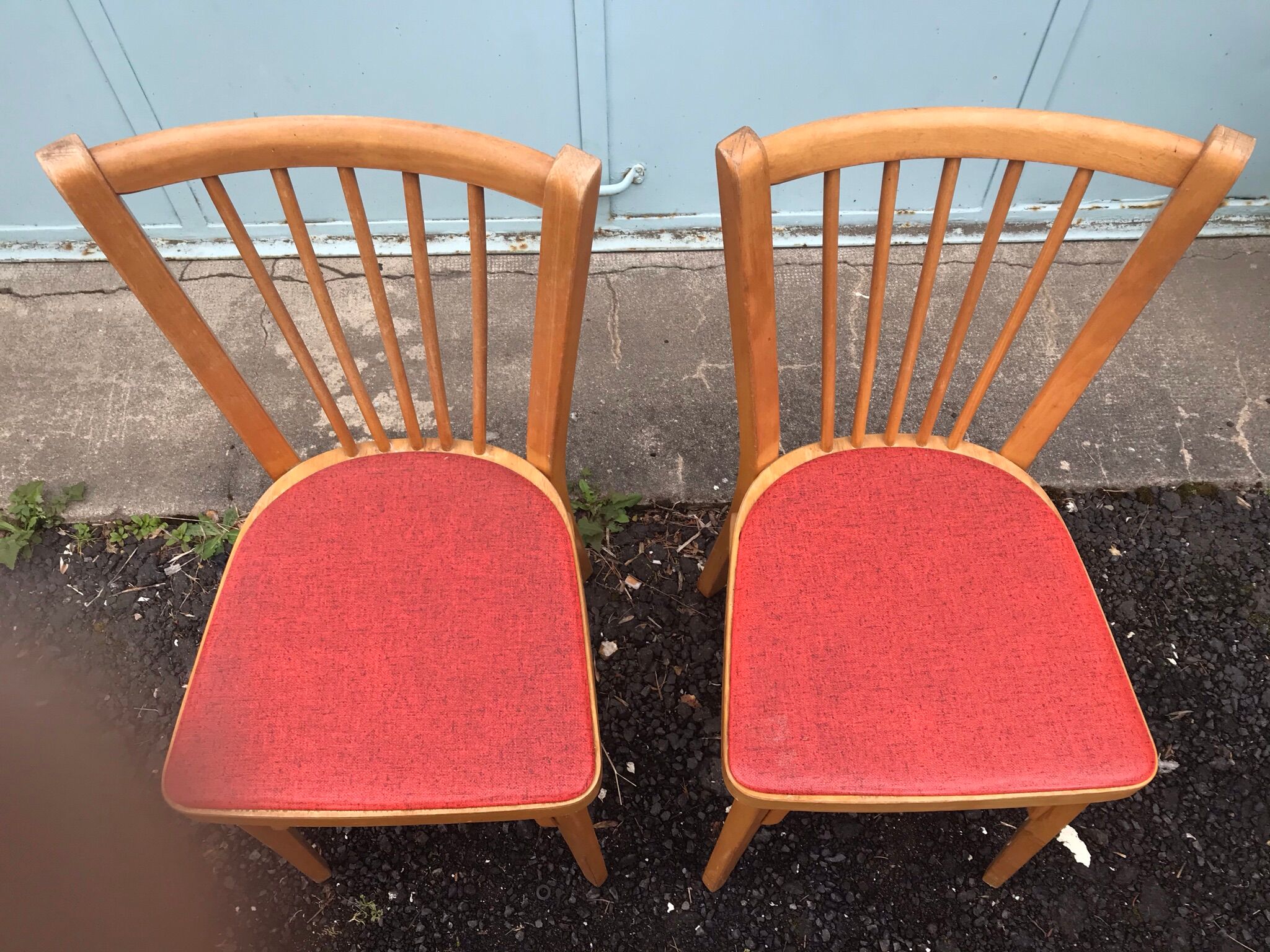 2 red Baumann bistro chairs