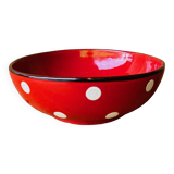 Red ceramic salad bowl with white polka dots