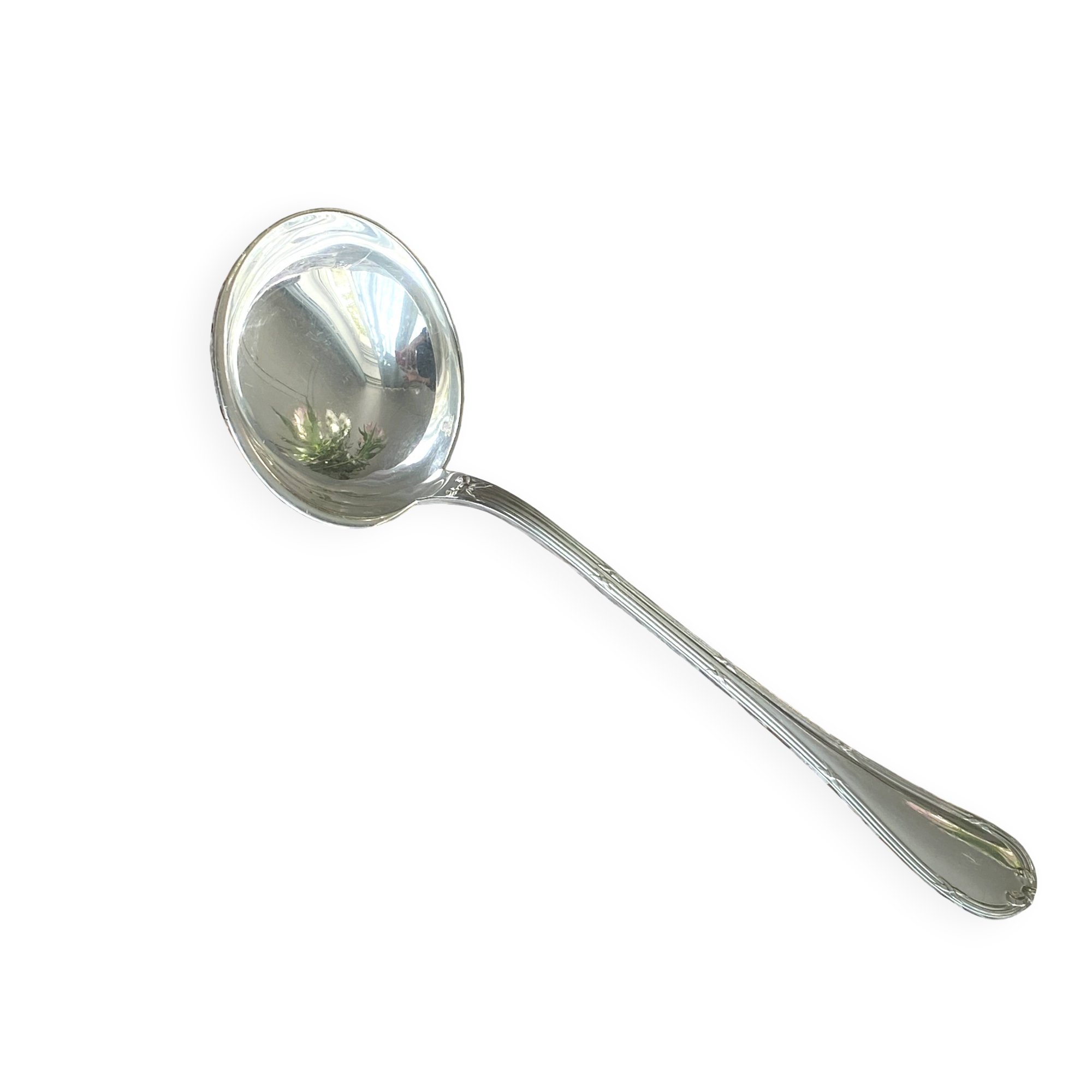 Christofle silver-plated metal ladle, Crossed Ribbon pattern, Louis XVI style