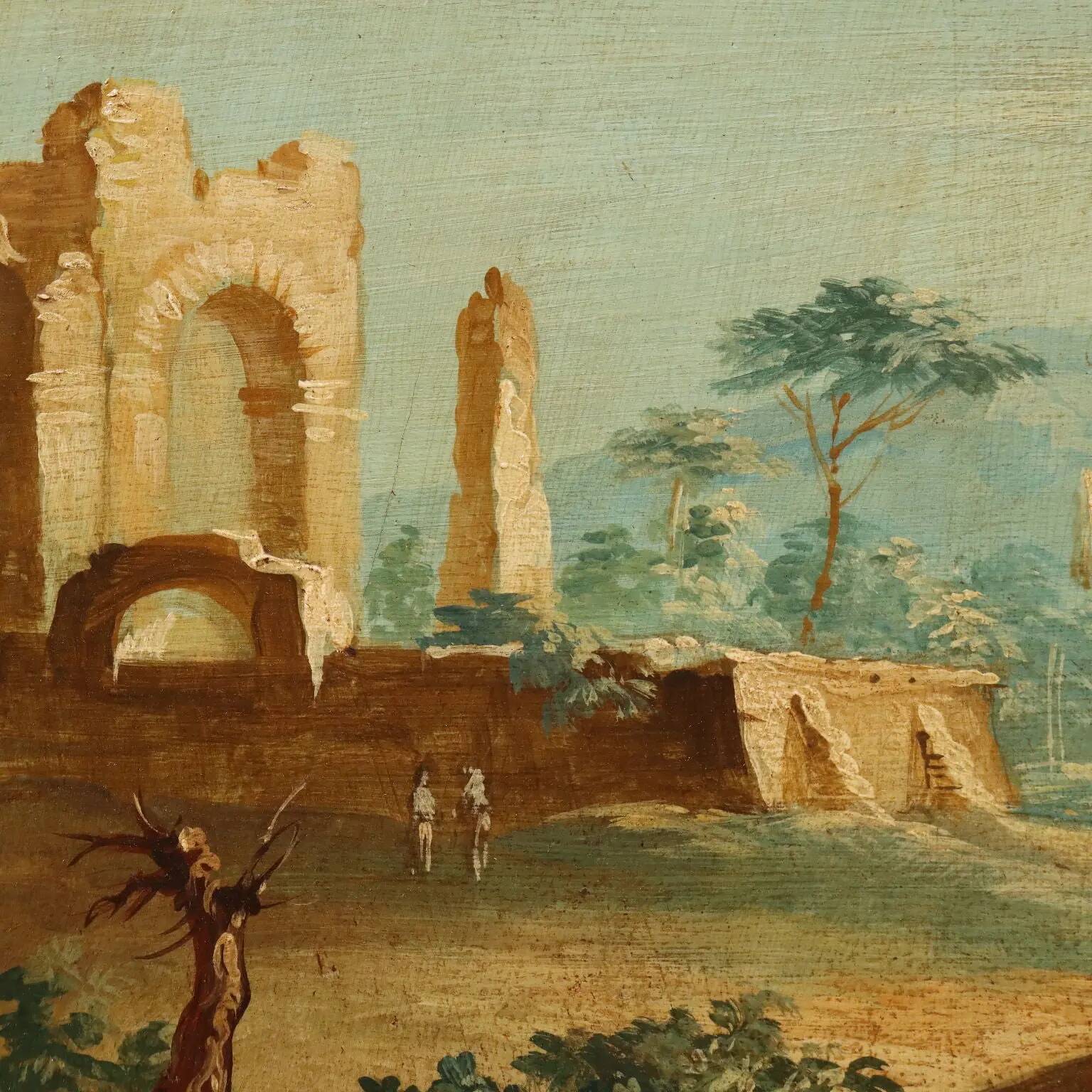 Peinture ancienne paysage avec rivière, huile sur panneau dur XVIII Century