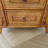 Semainier 6 tiroirs en bois, bambou et rotin tressé, années 60