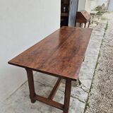 Table de Ferme bourguignonne à entretoise en noyer massif 19éme deux tiroirs-1m82