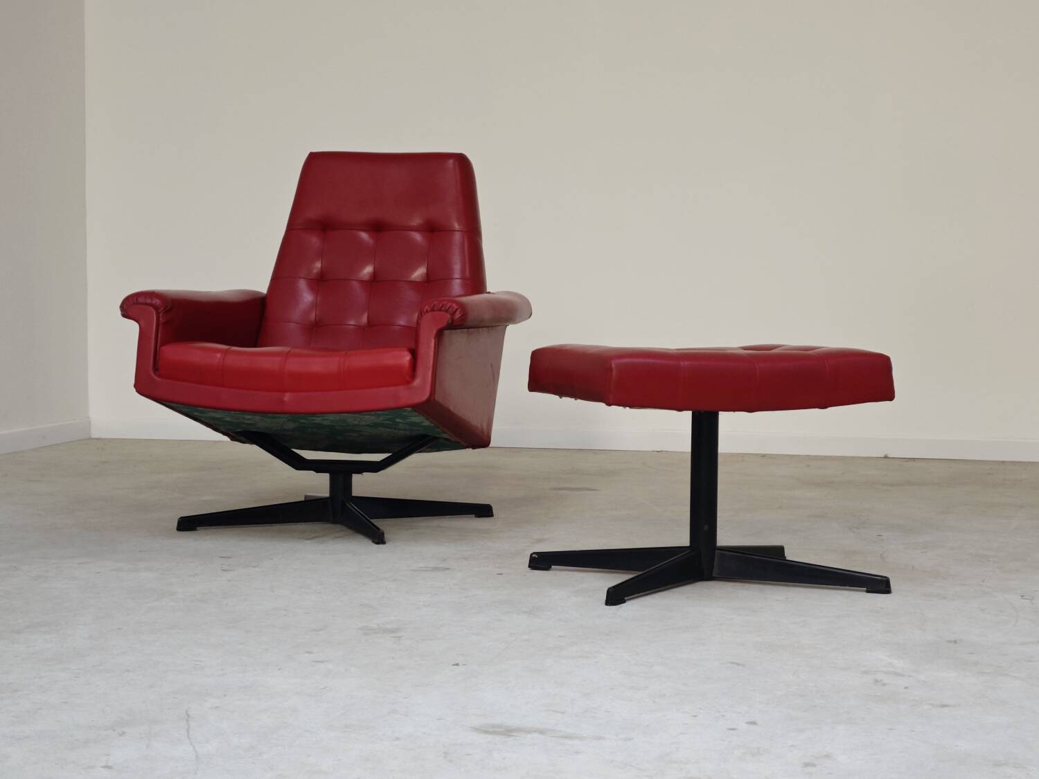 Red Faux Leather Swivel Chair and Footrest by Up Zavody 1970
