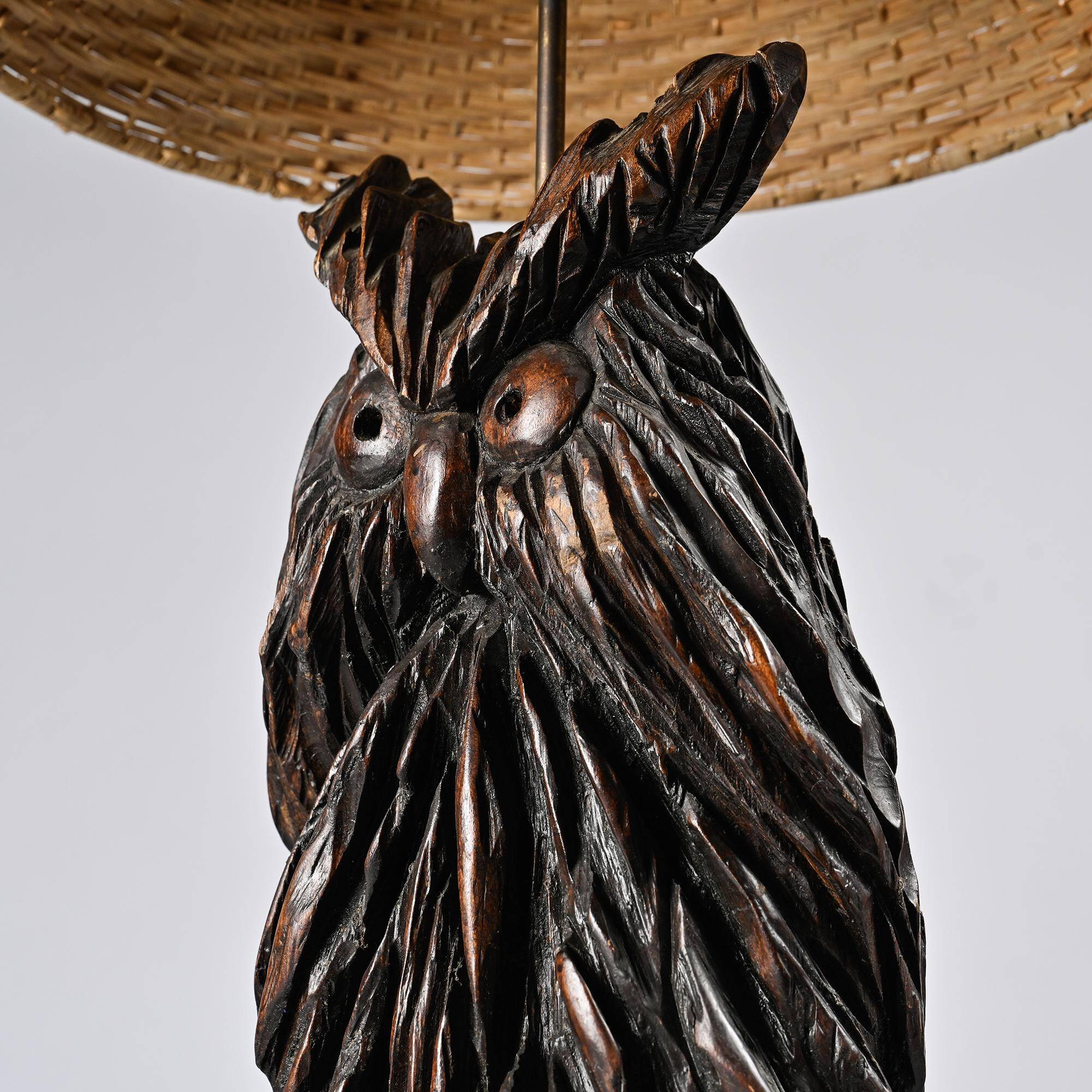 Owl table lamp in carved wood by BEAL, circa 1970.