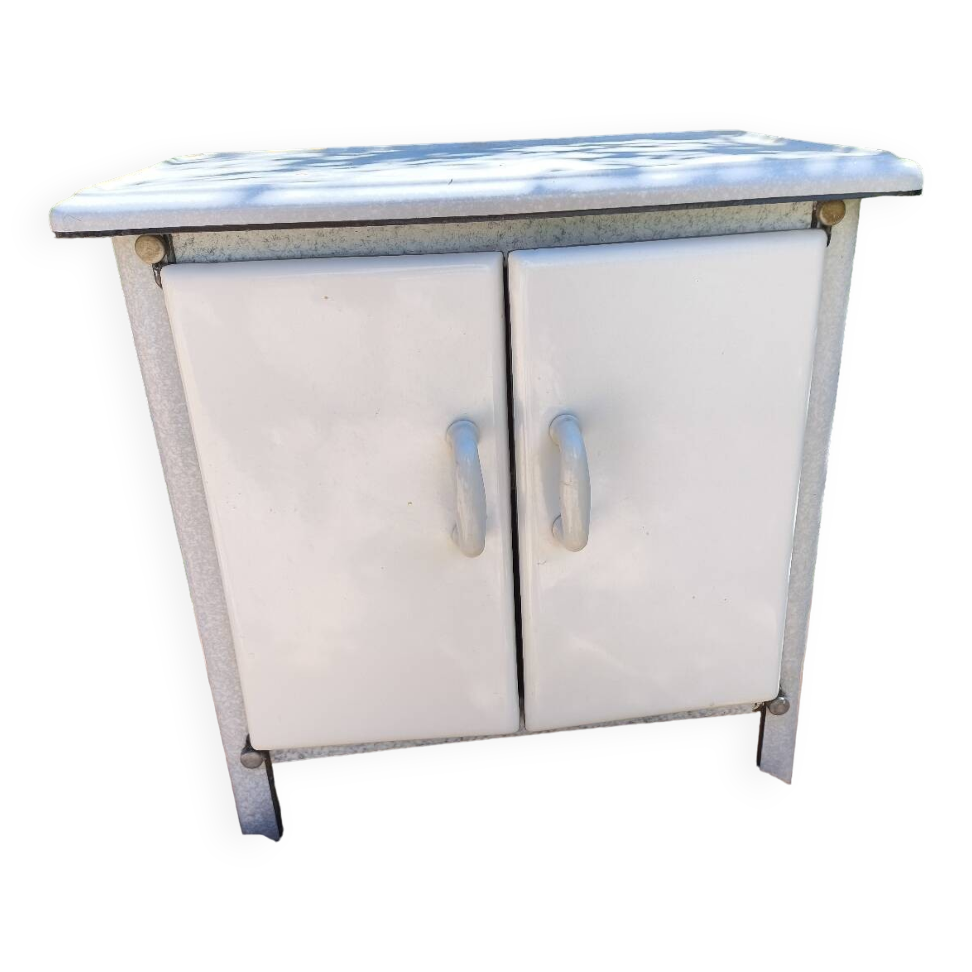 Small white and speckled gray industrial style enameled piece of furniture