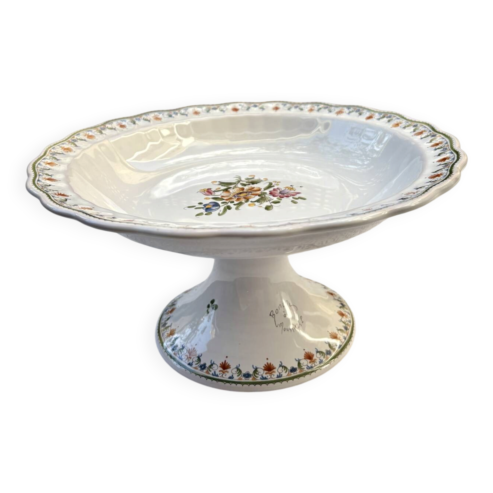 Footed compote signed Atelier Bondil faience from Moustiers