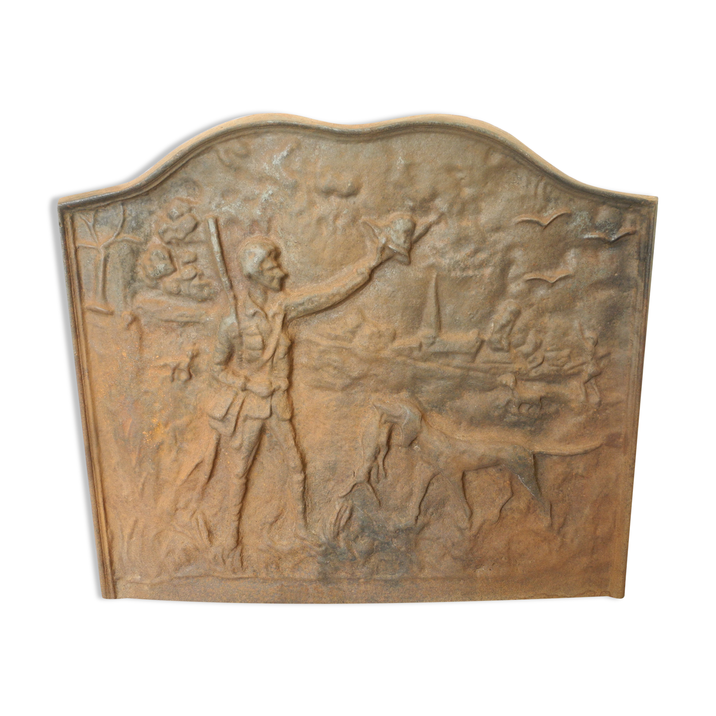 Plaque cheminée fonte scène chasse xxe old cast iron fireback