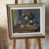 Old painting, oil on wood, still life with wine decanter, fruit cup and bouquet of flowers